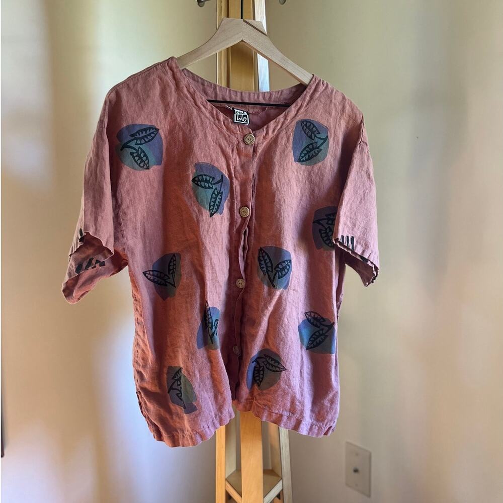 Womens Vintage Ad Lits Linen Leaf Print Button Up